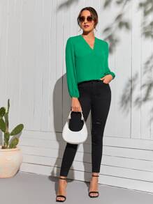 SHEIN Áo sơ mi nữ Xù màu trơn Thanh lịch - màu xanh lá - Xem 4