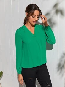 SHEIN Áo sơ mi nữ Xù màu trơn Thanh lịch - màu xanh lá - Xem 5