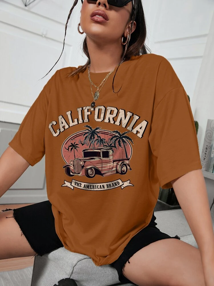INAWLY Camiseta ancha con estampa de coche y letra, camisetas gráficas para mujer - Marrón - Añade 1