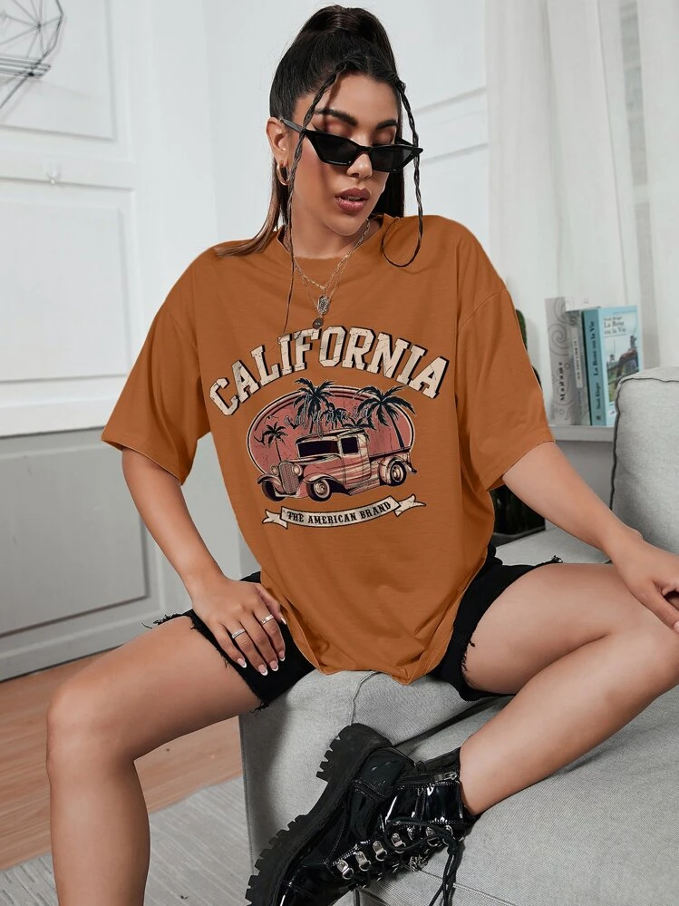 INAWLY Camiseta ancha con estampa de coche y letra, camisetas gráficas para mujer - Marrón - Añade 4