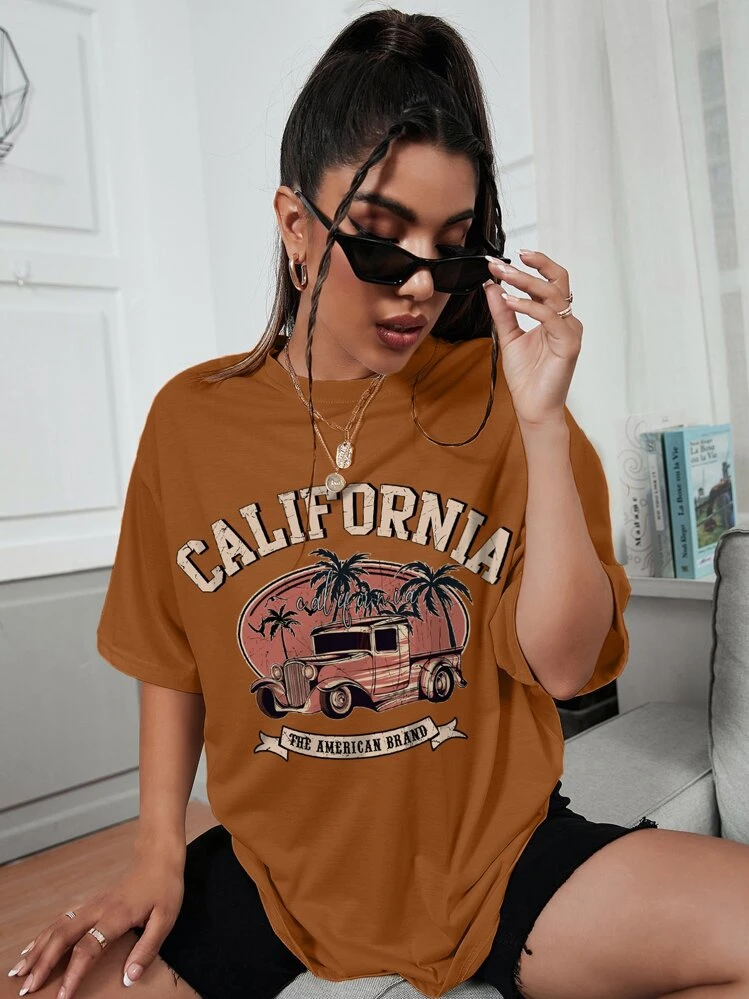 INAWLY Camiseta ancha con estampa de coche y letra, camisetas gráficas para mujer - Marrón - Añade 5