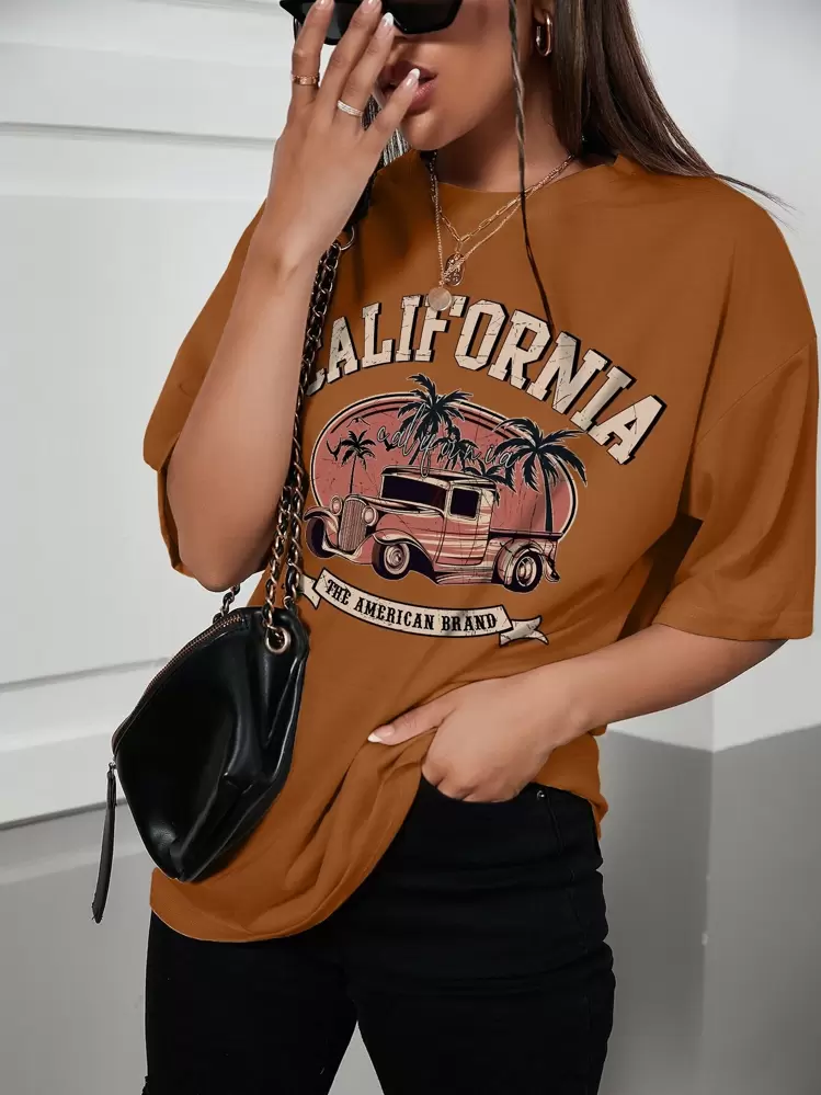 INAWLY Camiseta ancha con estampa de coche y letra, camisetas gráficas para mujer - Marrón - Añade 6