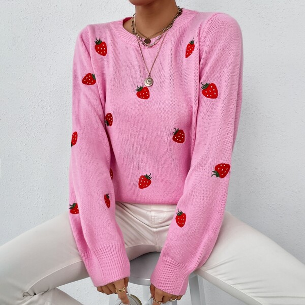 

Round Neck Strawberry Pattern Sweater, Pink