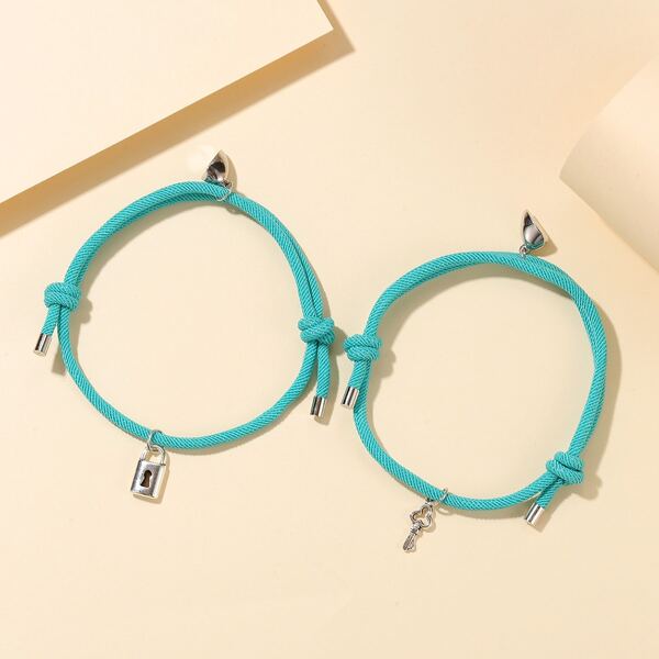 

2pcs Lock Charm String Bracelet, Baby blue