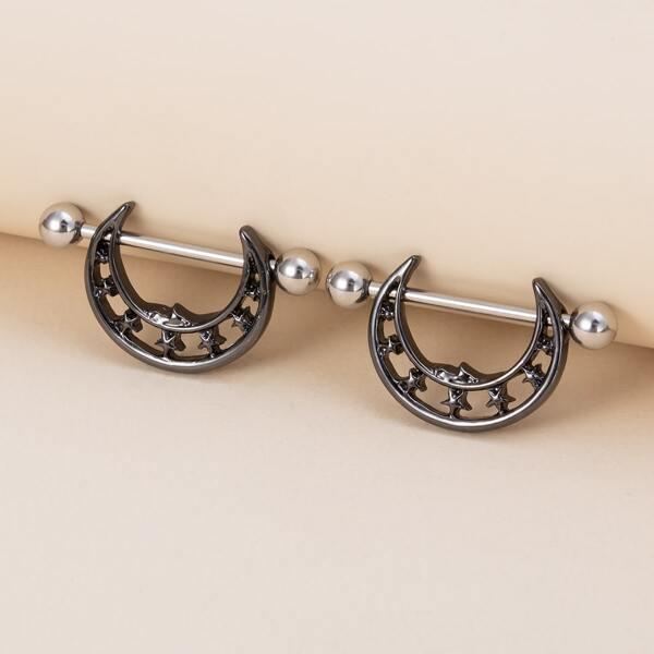 

2pcs Moon & Star Decor Nipple Ring, Black