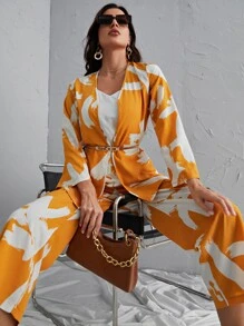 Modelyn Brush Print Kimono & Wide Leg Pants - Mustard Yellow - View 1