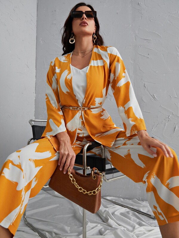 Modelyn Brush Print Kimono & Wide Leg Pants