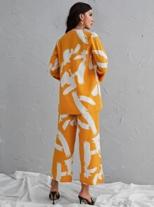 Modelyn Brush Print Kimono & Wide Leg Pants - Mustard Yellow - View 2