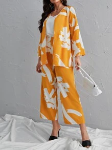 Modelyn Brush Print Kimono & Wide Leg Pants - Mustard Yellow - View 4