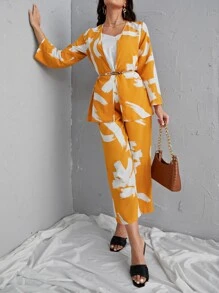 Modelyn Brush Print Kimono & Wide Leg Pants - Mustard Yellow - View 5