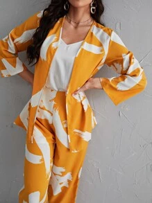 Modelyn Brush Print Kimono & Wide Leg Pants - Mustard Yellow - View 6