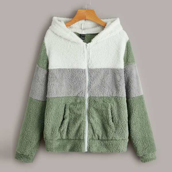 

Colorblock Zipper Front Teddy Jacket, Multicolor