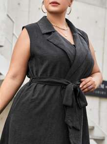 SHEIN Essnce 大碼西裝領隱藏口袋腰帶無袖外套 - 黑色 - 查看 4