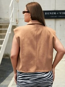 SHEIN Essnce Plus Lapel Neck Double Breasted Vest  Overcoat - Camel - View 2