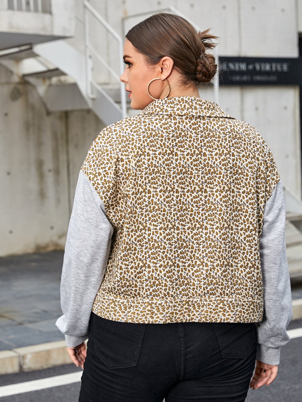 Plus Leopard & Colorblock Drop Shoulder Jacket