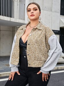 SHEIN Unity Plus Leopard & Colorblock Drop Shoulder Jacket - Multicolor - View 3