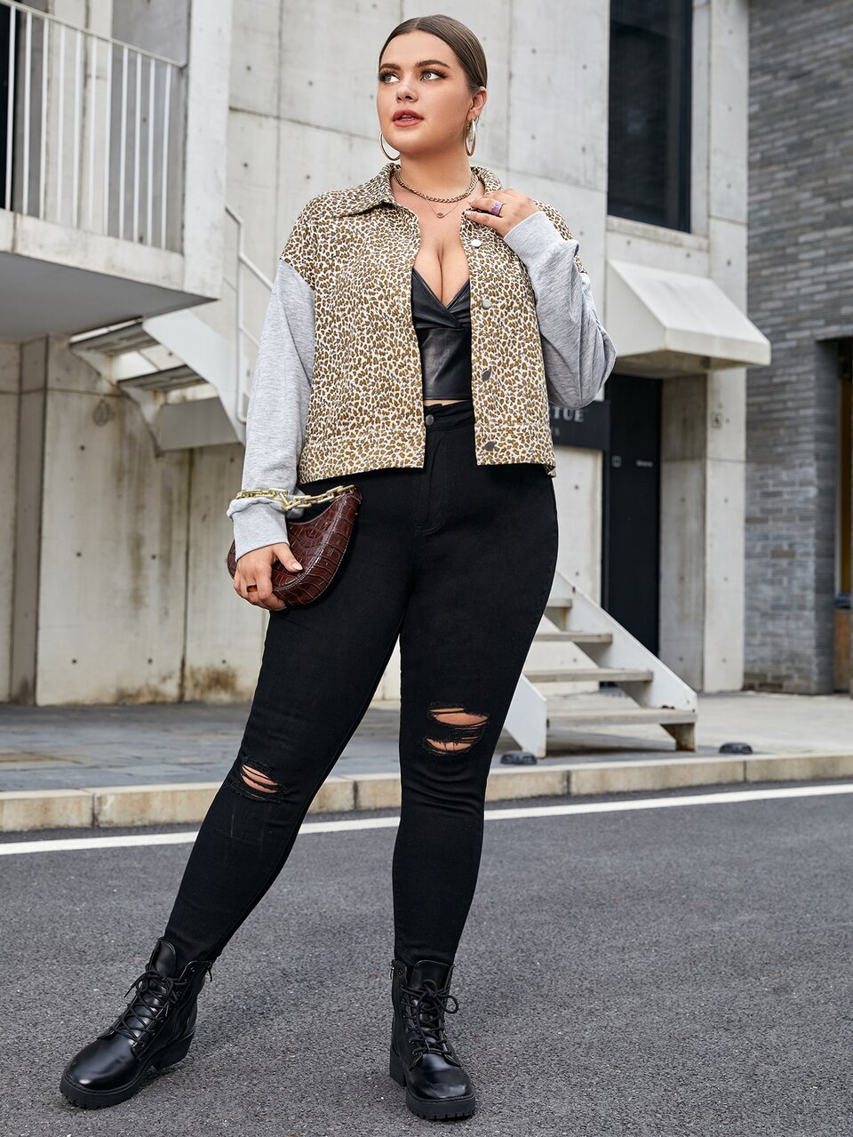Plus Leopard & Colorblock Drop Shoulder Jacket