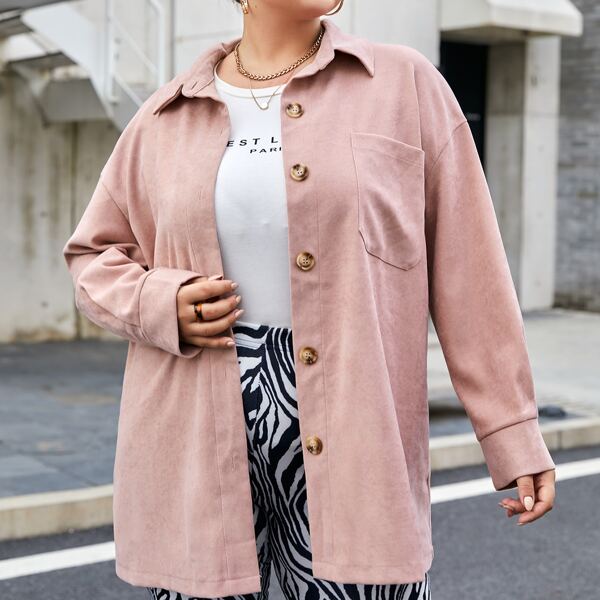 

Plus Solid Button Front Cord Coat, Dusty pink