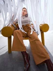 SHEIN Privé Plus Wide Leg Pants With Belt - Brown - View 3