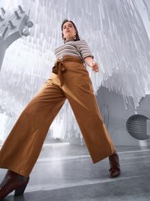 SHEIN Privé Plus Wide Leg Pants With Belt - Brown - View 2