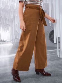 SHEIN Privé Plus Wide Leg Pants With Belt - Brown - View 4