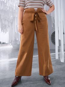 SHEIN Privé Plus Wide Leg Pants With Belt - Brown - View 1