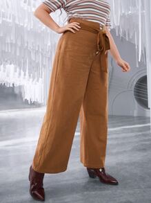 SHEIN Privé Plus Wide Leg Pants With Belt - Brown - View 7