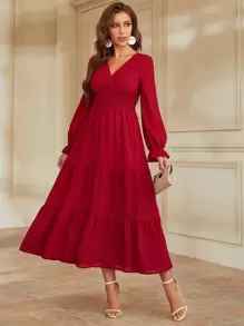 Modelyn Burgundy Red Flounce Sleeve Shirred Waist Ruffle Hem Dress - Burgundy - View 1