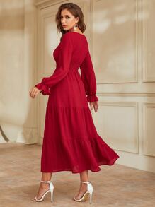 Modelyn Burgundy Red Flounce Sleeve Shirred Waist Ruffle Hem Dress - Burgundy - View 2