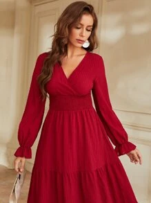 Modelyn Burgundy Red Flounce Sleeve Shirred Waist Ruffle Hem Dress - Burgundy - View 3