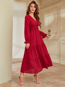 Modelyn Burgundy Red Flounce Sleeve Shirred Waist Ruffle Hem Dress - Burgundy - View 4
