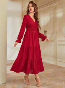 Modelyn Burgundy Red Flounce Sleeve Shirred Waist Ruffle Hem Dress - Burgundy - View 5