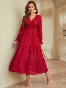 Modelyn Burgundy Red Flounce Sleeve Shirred Waist Ruffle Hem Dress - Burgundy - View 6