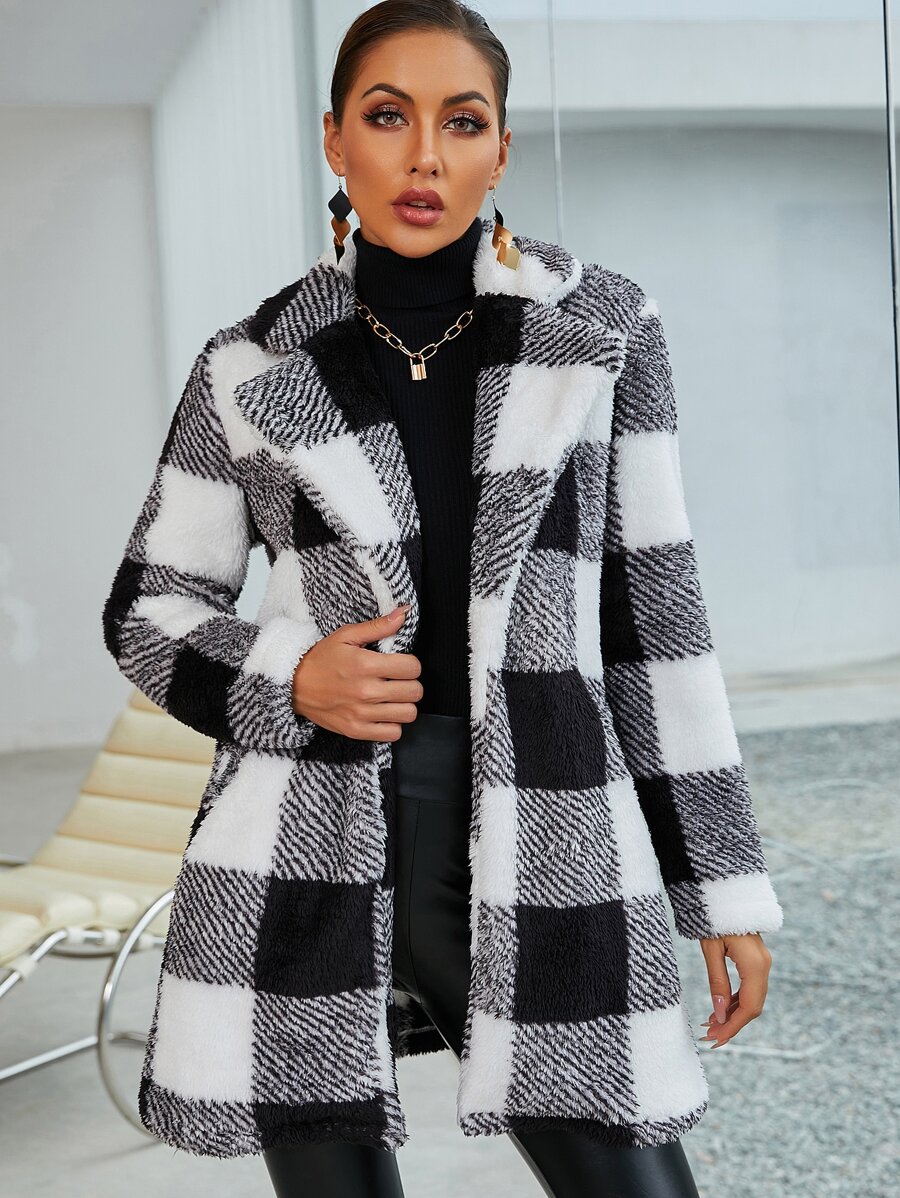 SHEIN Essnce 大格紋絨毛外套