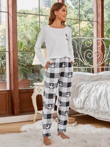 貓熊和格子圖案睡衣套裝 - 白色 - 查看 3