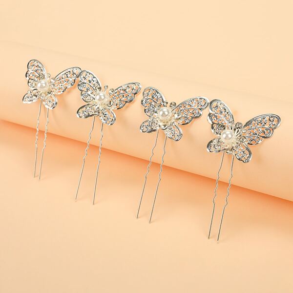 

4pcs Butterfly Decor Hair Pin, Silver