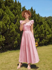 Mulvari Ruffle Armhole Striped Dress - Baby Pink - View 1