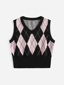 SHEIN EZwear Argyle Pattern Sweater Vest - Multicolor - View 3