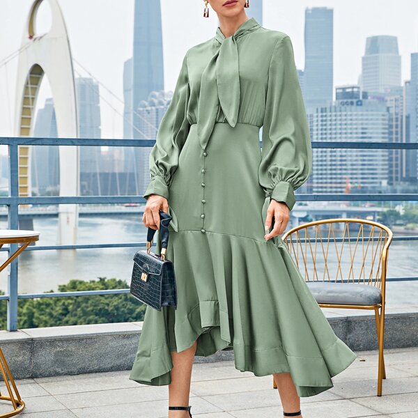 

Tie Neck Bishop Sleeve Ruffle Hem Satin Dress, Green