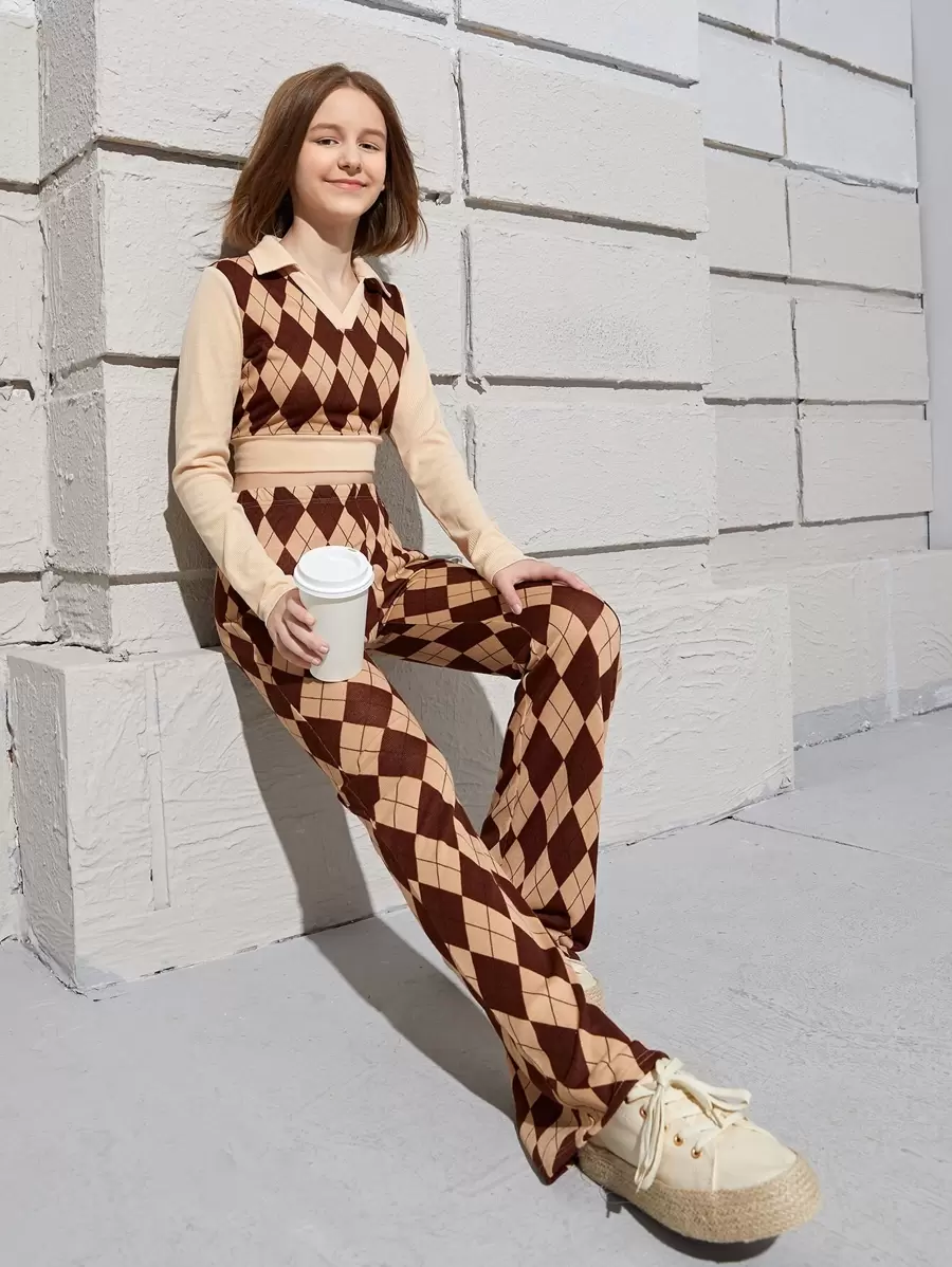 SHEIN Teen Girls Argyle Print Crop Tee & Trousers Set - Multicolor - View 1