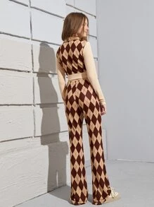 SHEIN Teen Girls Argyle Print Crop Tee & Trousers Set - Multicolor - View 2