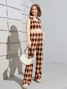 SHEIN Teen Girls Argyle Print Crop Tee & Trousers Set - Multicolor - View 3