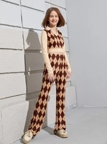 SHEIN Teen Girls Argyle Print Crop Tee & Trousers Set - Multicolor - View 4