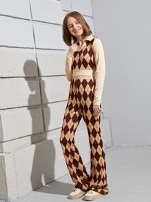 SHEIN Teen Girls Argyle Print Crop Tee & Trousers Set - Multicolor - View 5