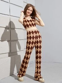 SHEIN Teen Girls Argyle Print Crop Tee & Trousers Set - Multicolor - View 6