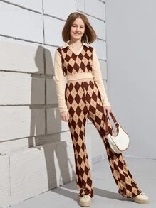 SHEIN Teen Girls Argyle Print Crop Tee & Trousers Set - Multicolor - View 7