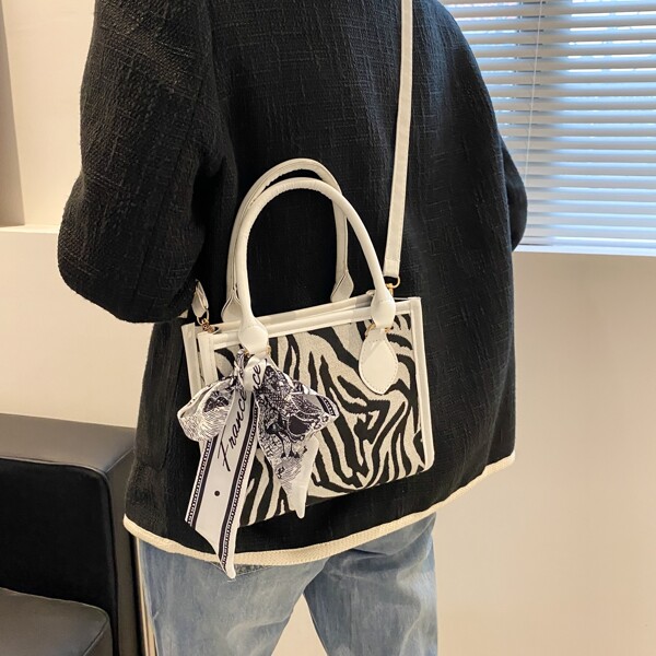 

Zebra Striped Pattern Satchel Bag, Black and white