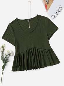 SHEIN VCAY Plus Size V Neck Rib-Knit Peplum Top - Army Green - View 1