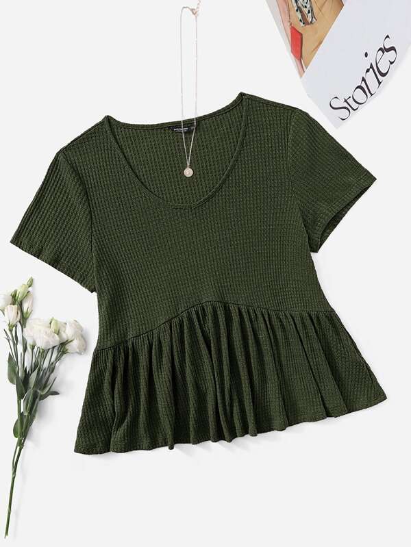 SHEIN VCAY 大码 V 领罗纹针织荷叶边上衣