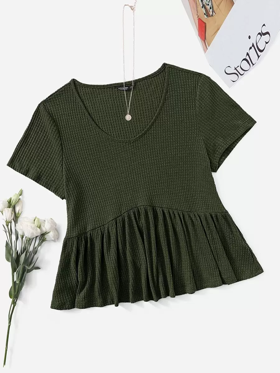 SHEIN VCAY Plus Size V Neck Rib-Knit Peplum Top - Army Green - View 1